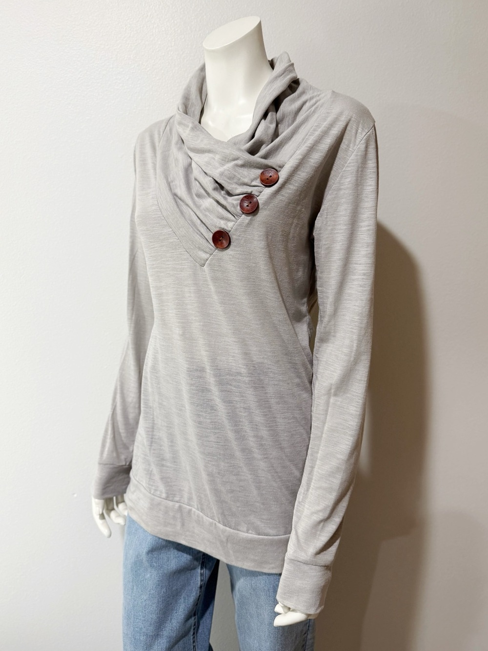 Cotton Cowl Neck Long Sleeve Top Gray
